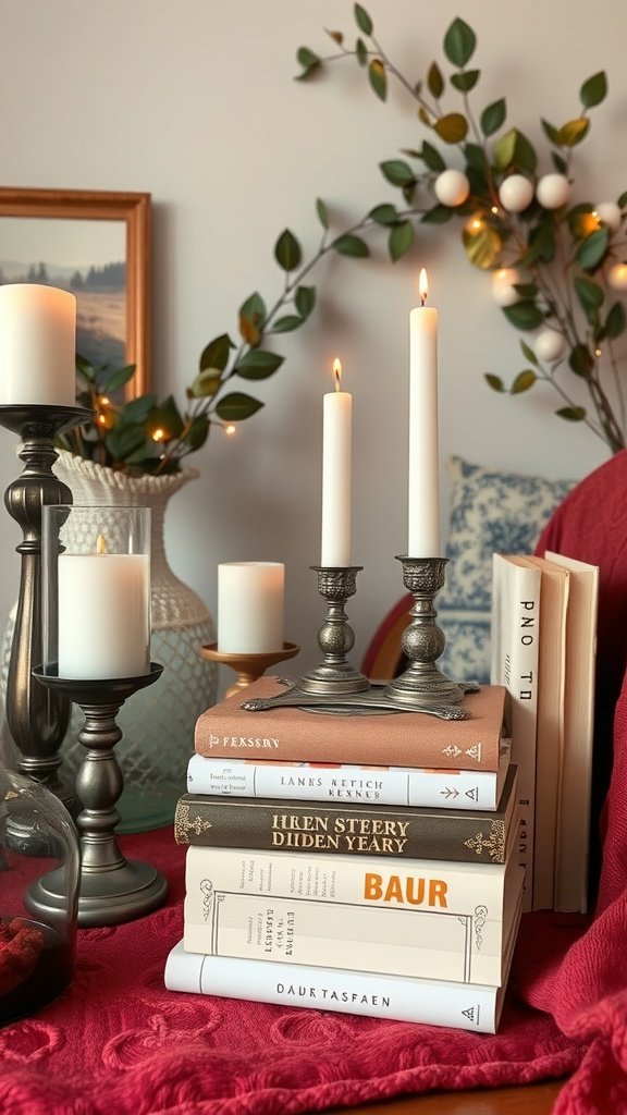 A cozy bedroom setup featuring candles, books, and a soft blanket for a warm vibe.