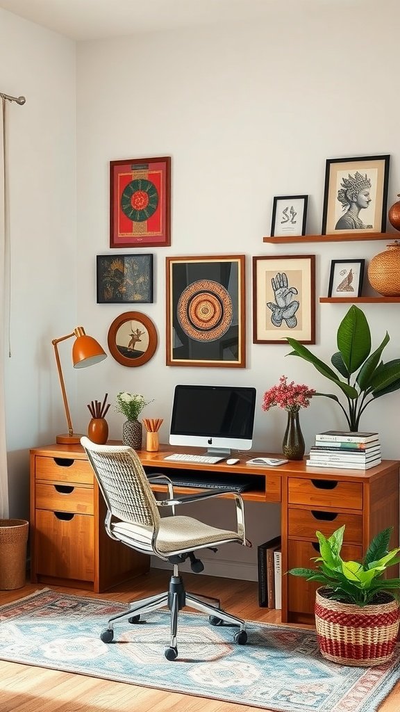 Cozy home office with cultural artwork, plants, and stylish furniture.