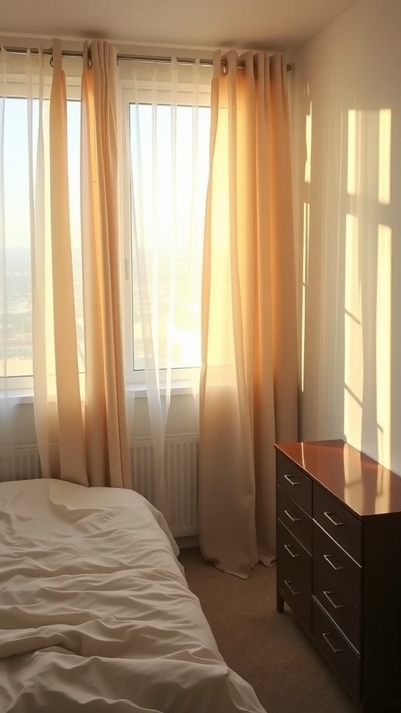 A small bedroom with a bed and curtains allowing soft light to filter in.
