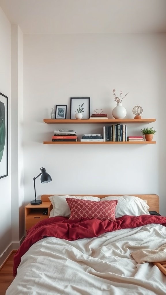 A cozy small bedroom featuring floating shelves with books and decorative items.