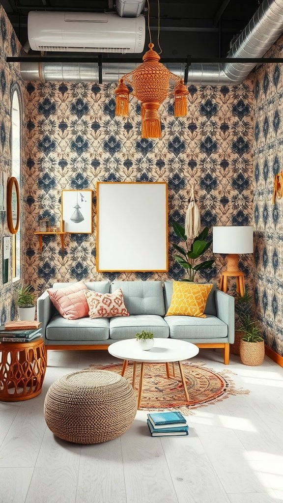 A cozy living room featuring geometric patterned wallpaper, colorful cushions, and a blend of textures.