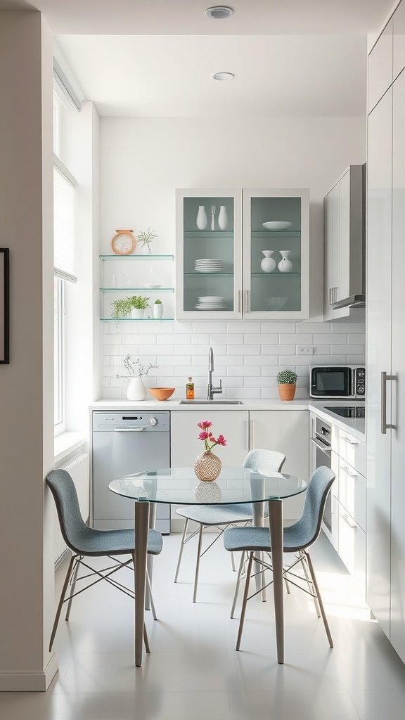 Bright kitchen with glass elements, including shelves and cabinets.