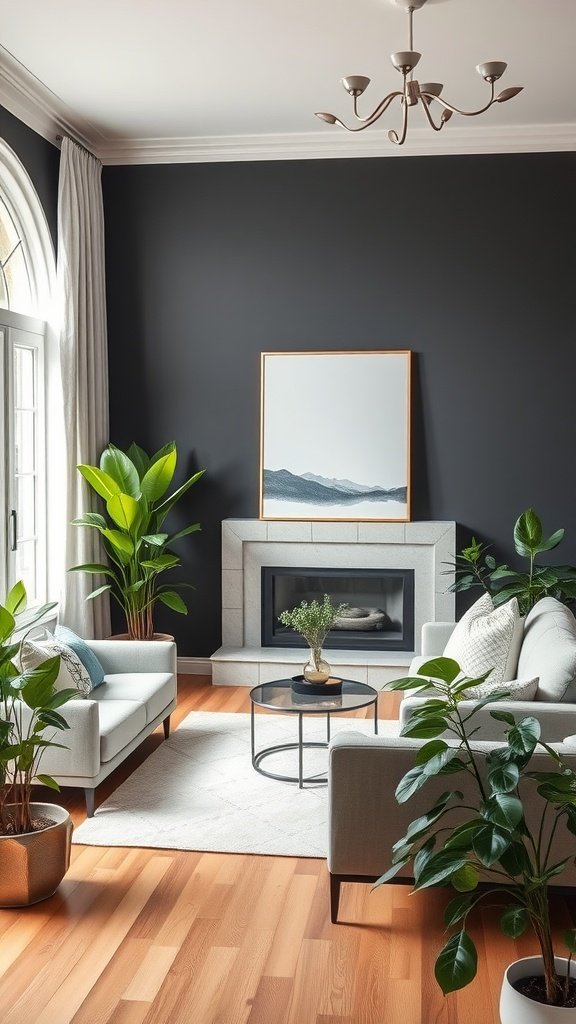 A cozy living room with dark walls, light furniture, and various indoor plants.