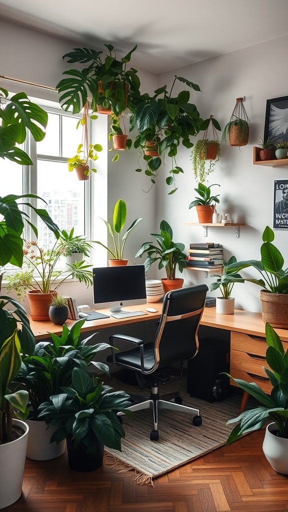 Home office with various plants, featuring a desk and computer.