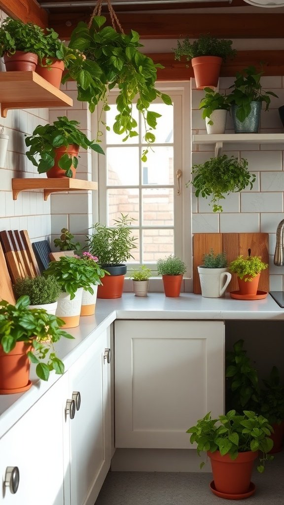 A cozy kitchen with various potted plants on shelves and countertops