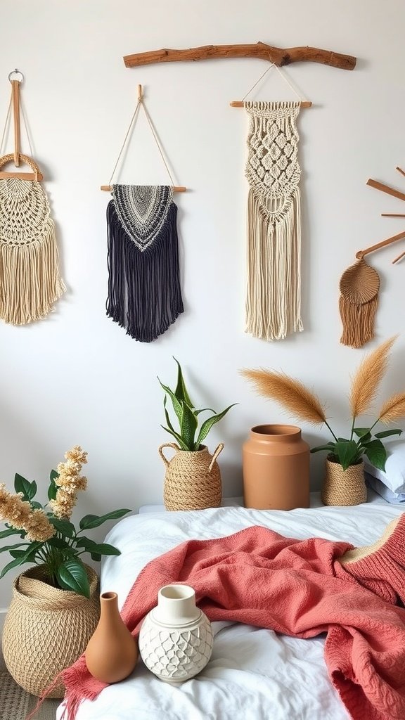 Cozy bedroom with handmade decor including macrame wall hangings, vases, and plants.