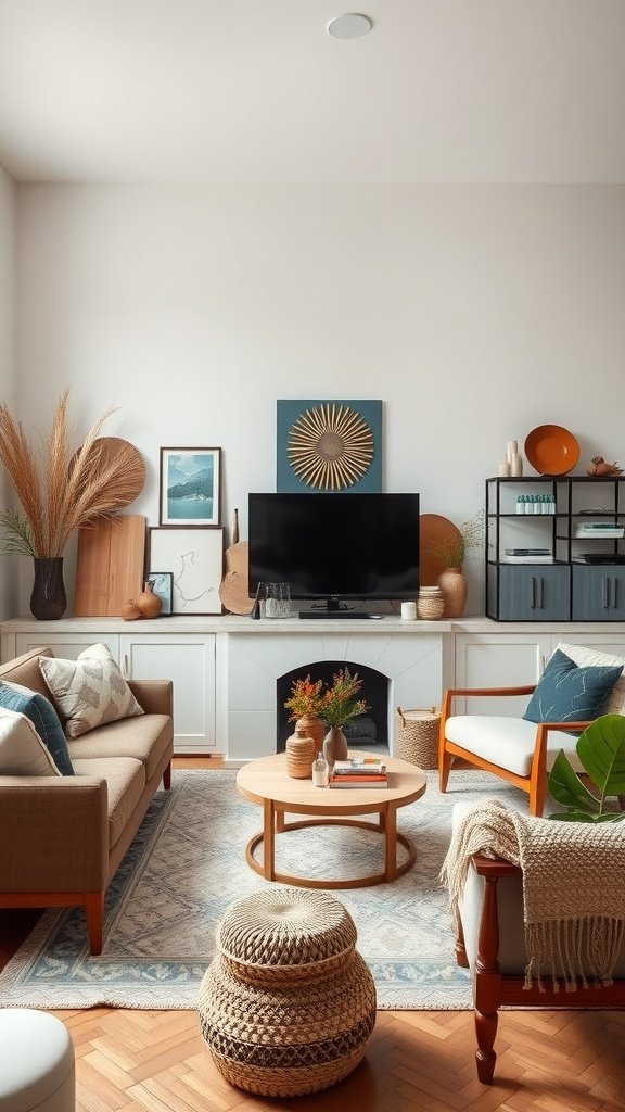 A cozy living room featuring handmade elements like woven baskets and pottery.