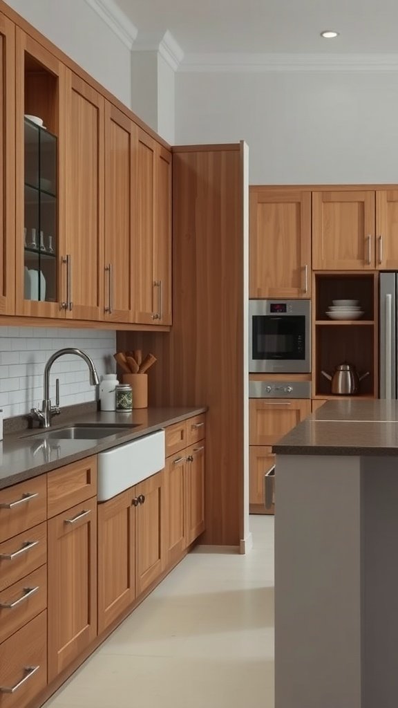 A modern kitchen featuring hidden storage solutions with wooden cabinets and a clean countertop.