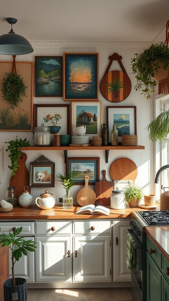 A cozy kitchen with natural textures, including wooden shelves and artisan decor.