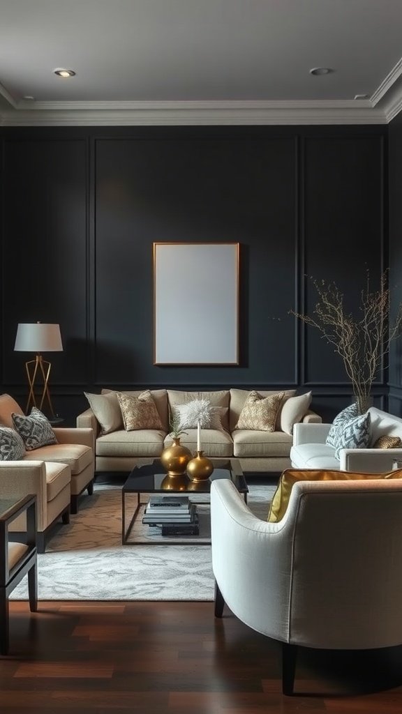 Living room featuring dark walls and light furniture with metallic accents.