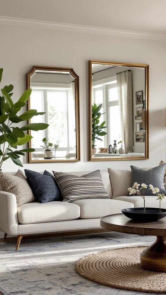 A stylish living room featuring mirrors that reflect light on white walls.