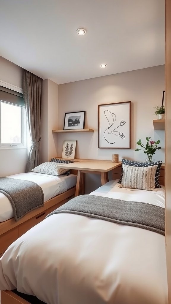 A small bedroom featuring multifunctional furniture, including a bed with storage drawers and a desk.