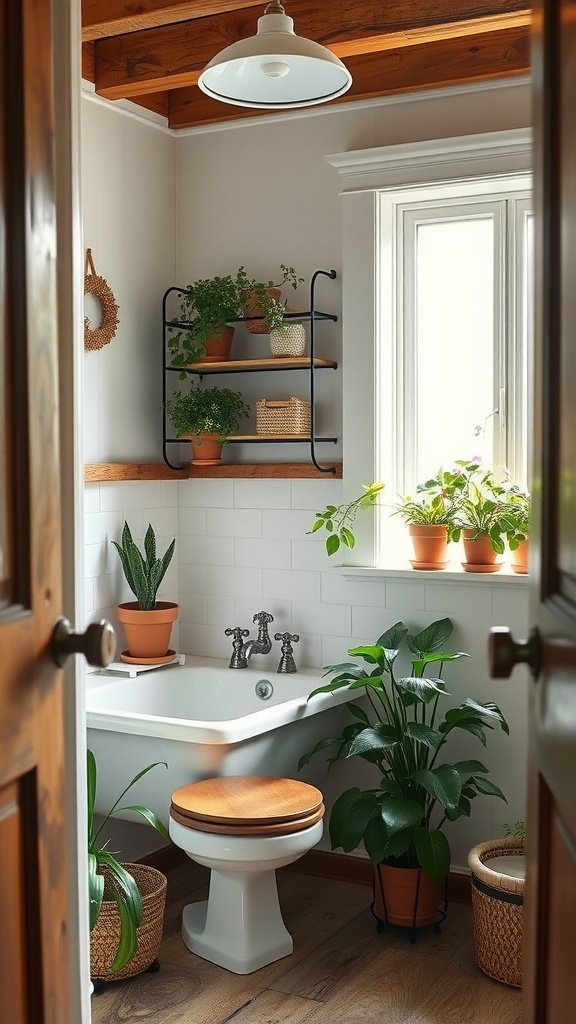 A small bathroom with a pedestal sink, plants in pots, and shiplap accents.