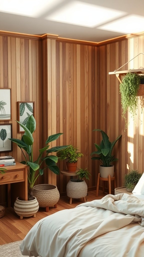 Cozy bedroom with wooden walls, plants, and natural fabrics.