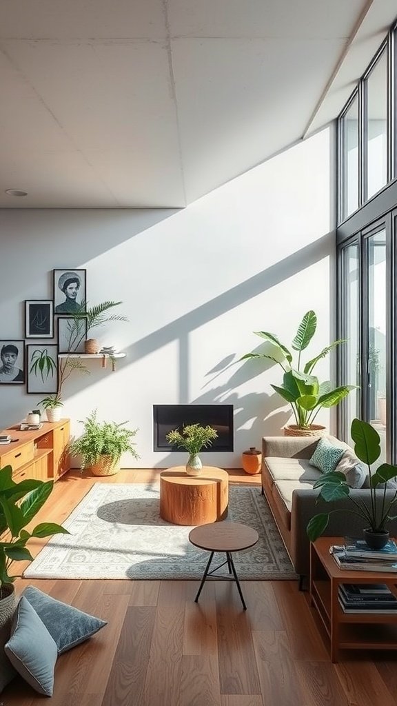 A modern farmhouse living room featuring plants, natural wood, and bright lighting.