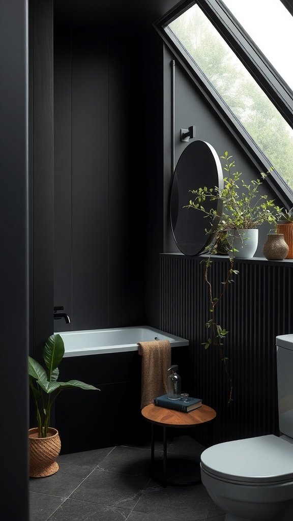 A modern dark bathroom featuring a bathtub, plants, and natural materials.
