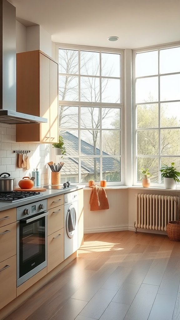 Bright kitchen with large windows allowing natural light, showcasing a warm and inviting atmosphere.