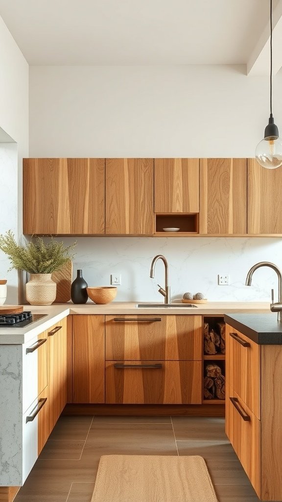 A modern kitchen with oak cabinetry, a stone countertop, and decorative elements.