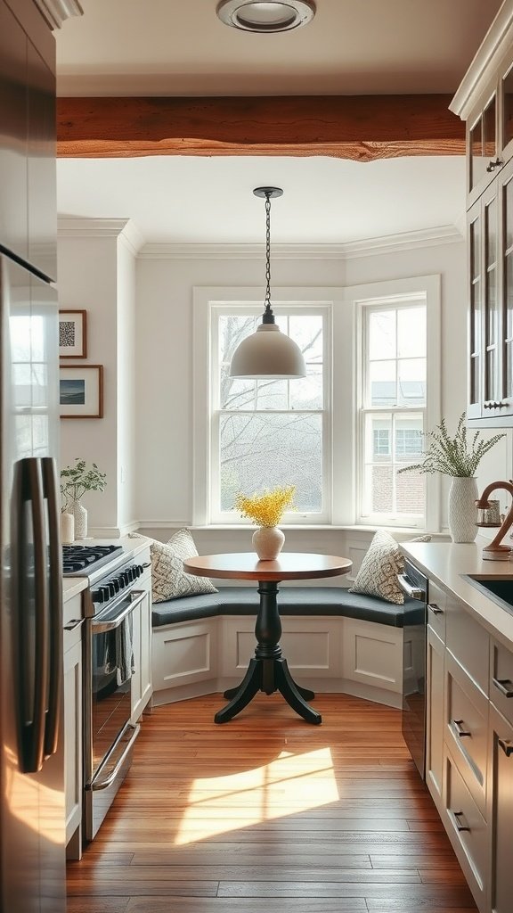 Cozy kitchen nook with a round table and built-in seating.