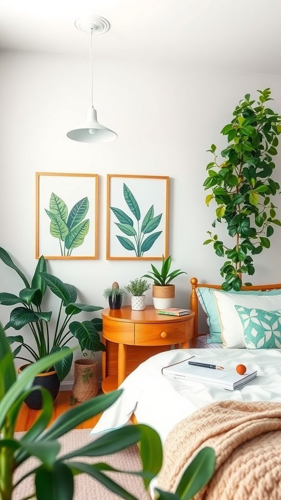 A cozy bedroom with plant-themed artwork and various indoor plants.