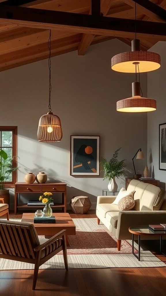 A cozy living room featuring statement lighting fixtures.