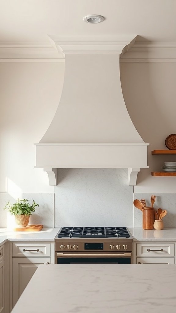 A modern kitchen featuring a stylish range hood and elegant decor.