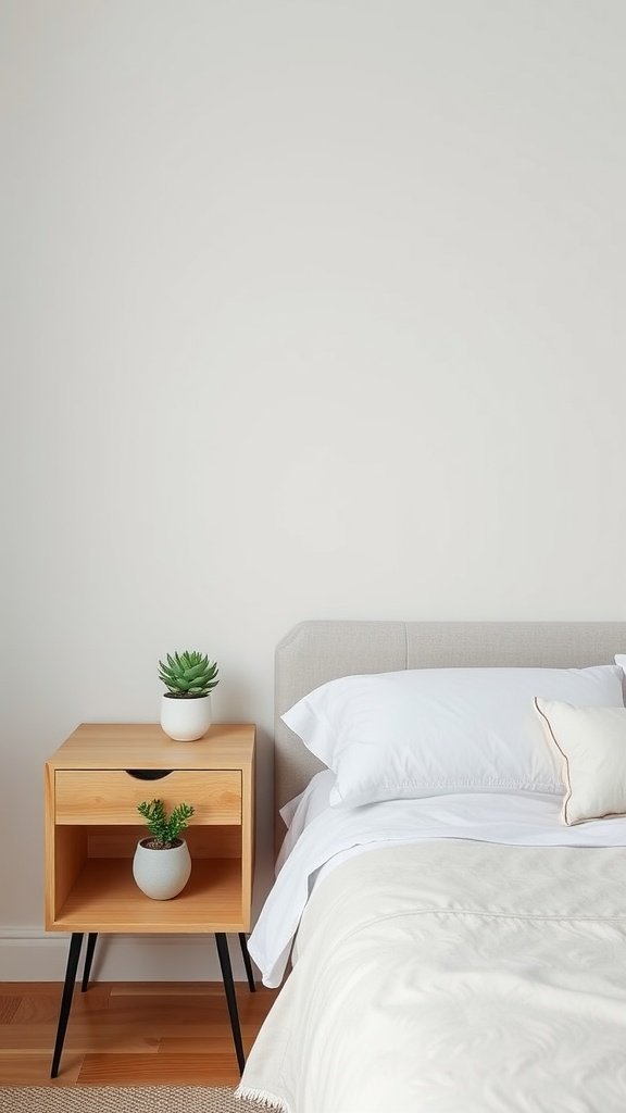 A stylish bedroom featuring a bed with white bedding and a wooden nightstand adorned with potted succulents.