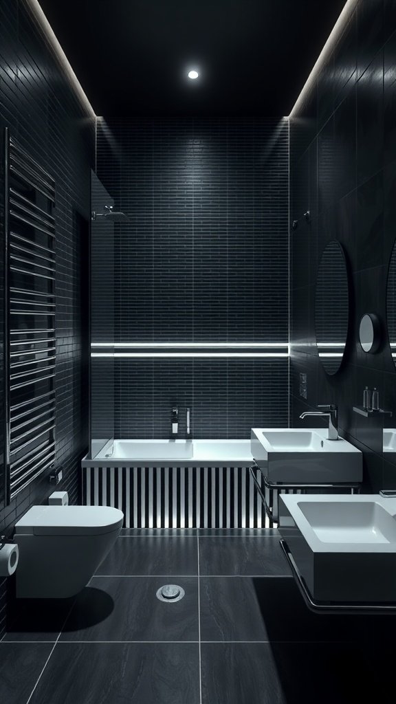 Modern dark bathroom design with asymmetric stripes and integrated technology.