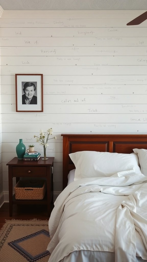 A cozy bedroom with textured walls, featuring wooden paneling and a framed photo.