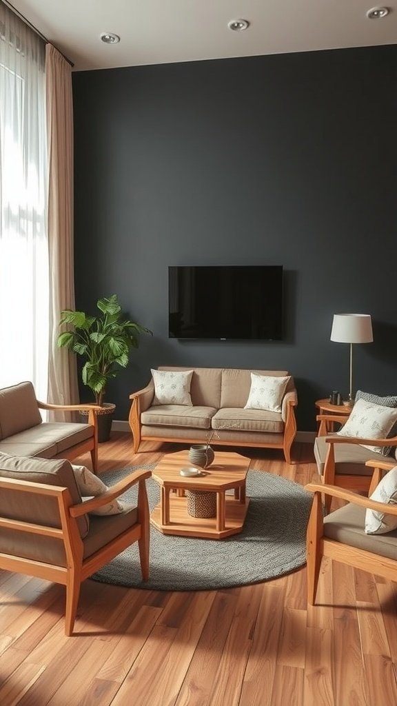 Living room with dark walls and light wood furniture.