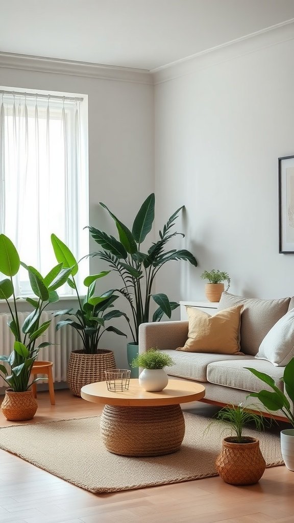 A stylish living room with various indoor plants, a cozy sofa, and a light, airy feel.