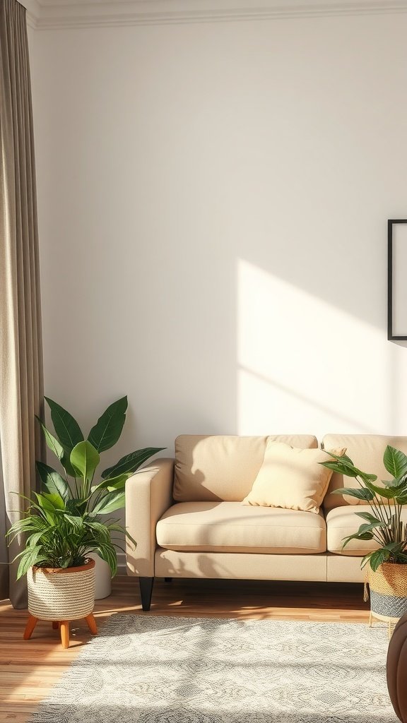 A cozy living room with a beige sofa and indoor plants, showcasing a minimalist decor style.
