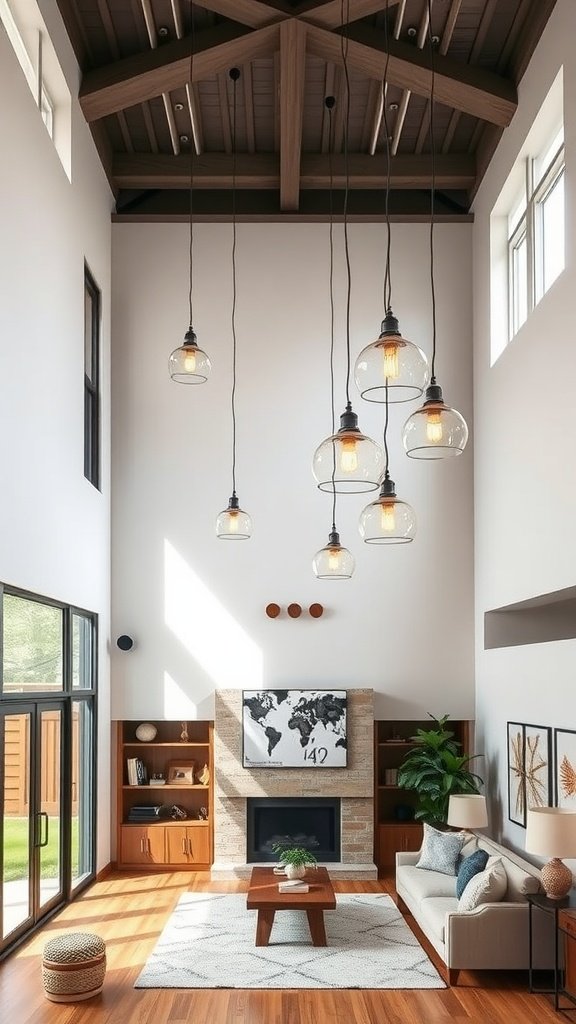 A double-height living room featuring industrial-style suspension lighting with glass pendant lights.