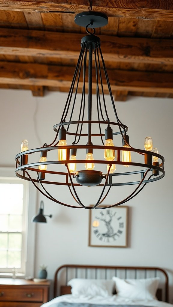 An industrial-style chandelier made of metal with exposed bulbs hanging in a cozy bedroom.