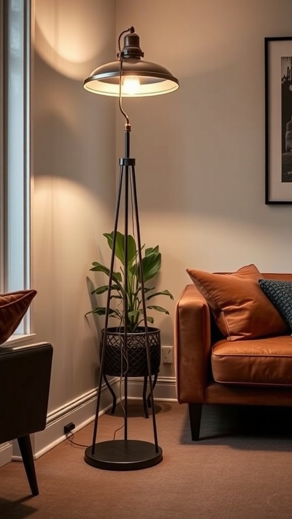 A black industrial floor lamp with a metal shade beside a grey couch, casting a warm glow.
