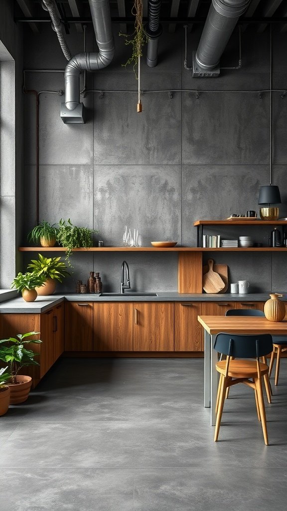 A modern kitchen featuring industrial gray elements and warm timber accents.