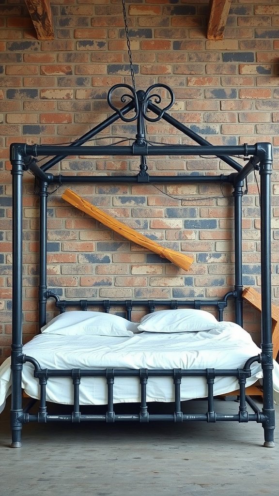 A cozy industrial pipe frame canopy bed with a metal structure and soft bedding.