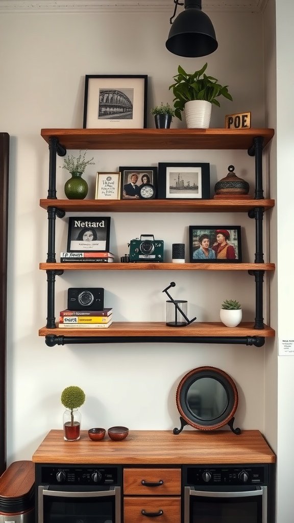 Stylish industrial pipe shelves featuring wooden planks and metal supports, decorated with plants and photos.