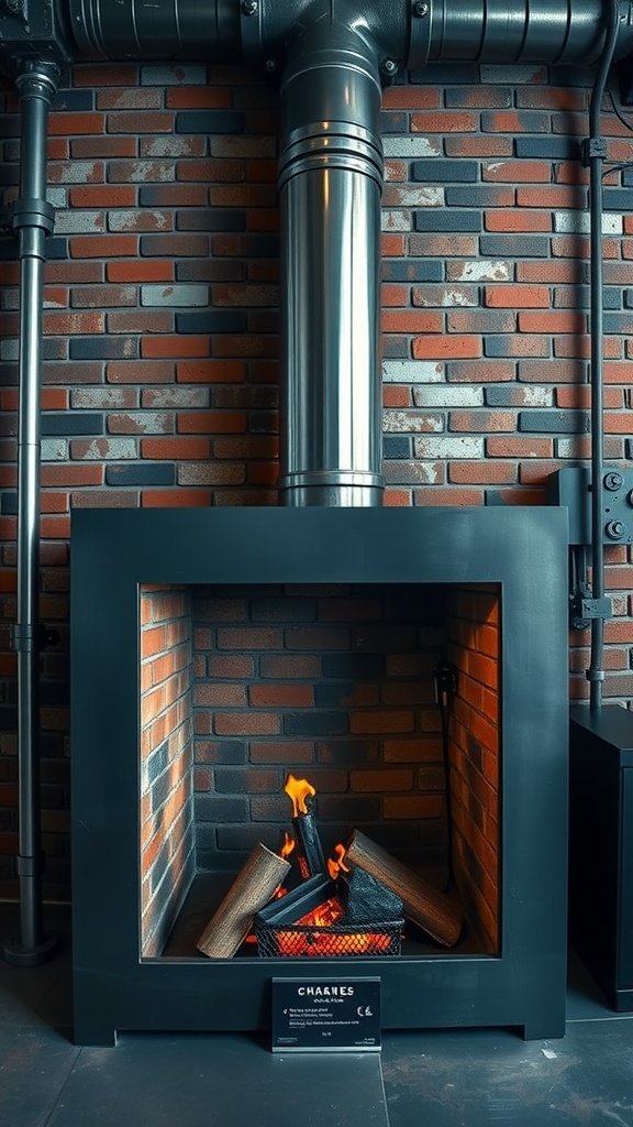 Industrial style fireplace with exposed brick and metal features.