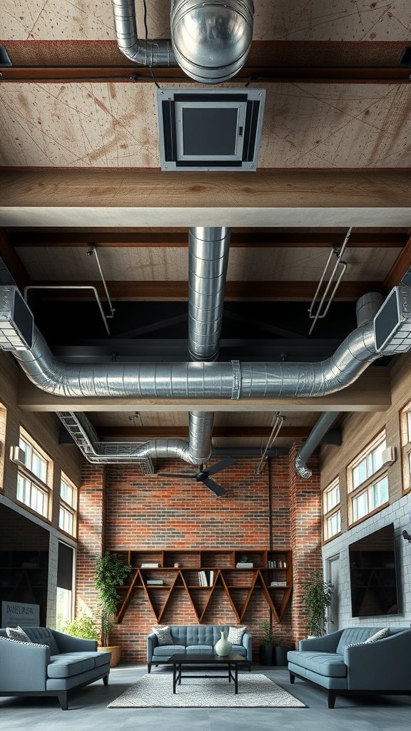 Living room with industrial style ceiling featuring metal accents and exposed ductwork.