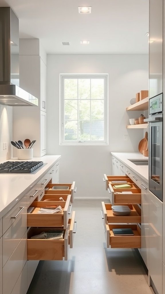 A modern minimalist kitchen featuring innovative drawer systems with pull-out shelves.