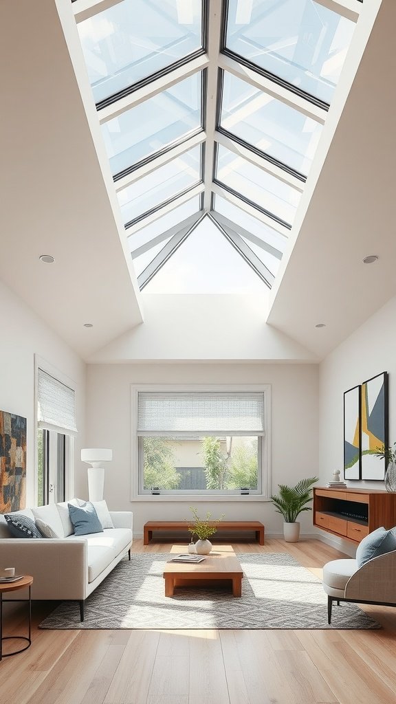 A modern living room with a stylish skylight bringing in natural light.
