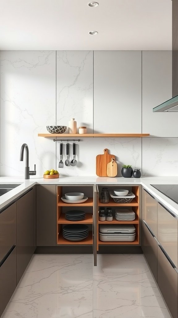 Innovative storage solutions in a modern kitchen with marble countertops.