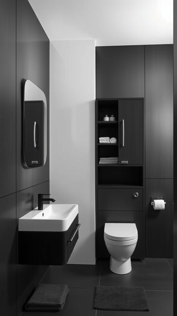 Modern dark bathroom design with storage solutions and clean lines.