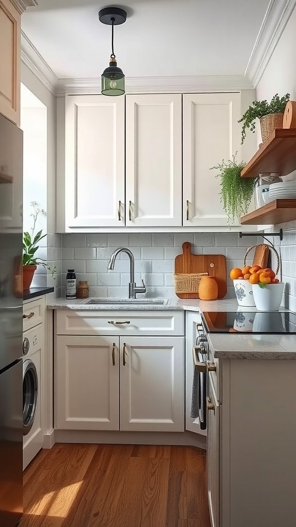 A modern kitchen with classic cabinetry, featuring a cozy dining area, natural light, and tasteful decor.