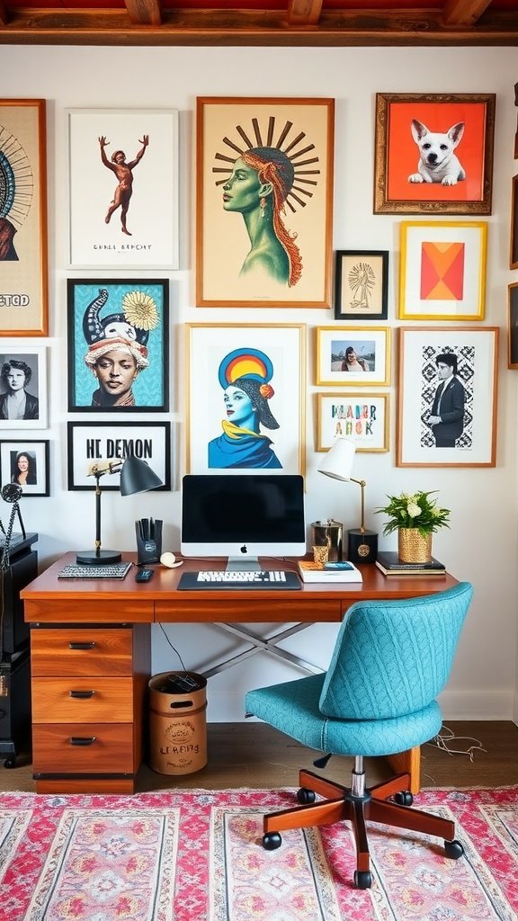A cozy home office with various art pieces and personal decor on the walls, featuring a stylish desk and chair.