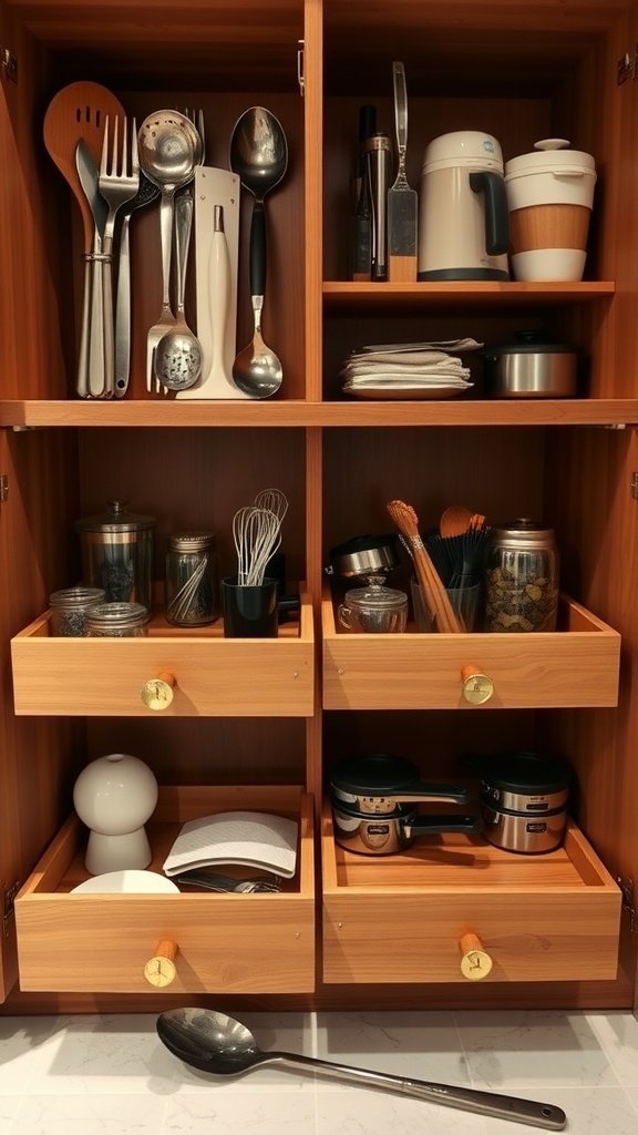 Cabinet with pull-out drawers containing kitchen utensils and tools.