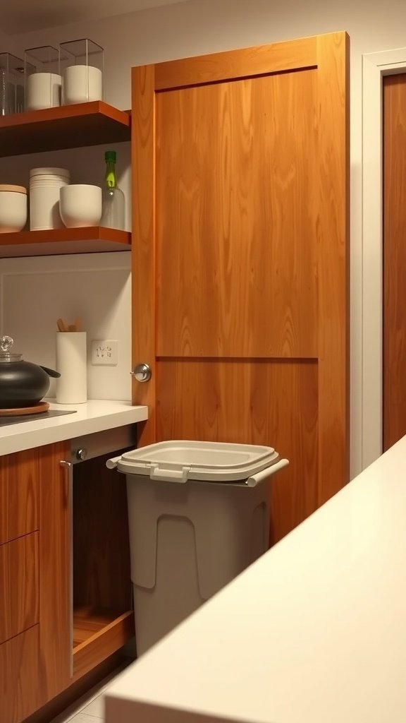 A small kitchen with a pull-out trash bin integrated into the cabinetry.