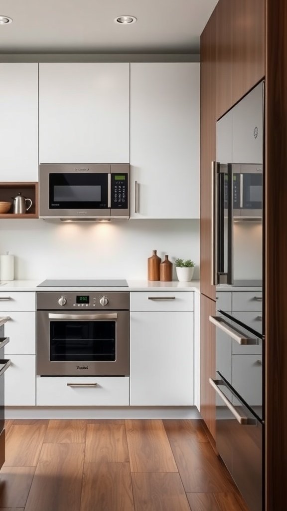 A modern minimalist kitchen showcasing integrated appliances such as a microwave and oven, blending with sleek cabinetry.