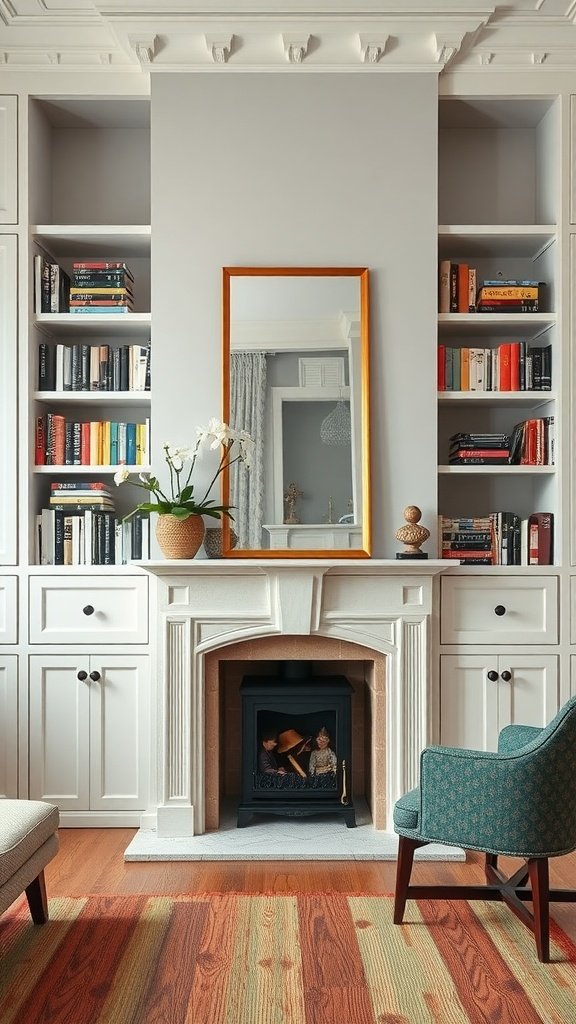 A modern fireplace framed by bookshelves, with a comfortable chair and a stylish mirror above the mantel.